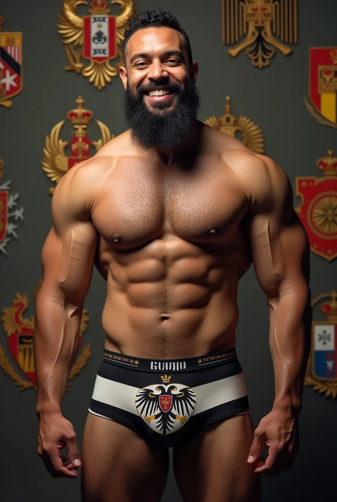 Smiling strong hairy and bearded mixed race man wearing underwear printed with a black and white flag with a double-headed eagle and a crown, holy roman empire, prussia, Austria, austro - hungarian, of the Duchy of Lithuania, imperial russia, [ digitl art, German, Biedermeier, Napoleonic, vienna secesion style, Ottoman Empire, Germany, Royal insignia in the background, imperial military. Written in capital letters “GUARIJO” on the elastic of the underwear.