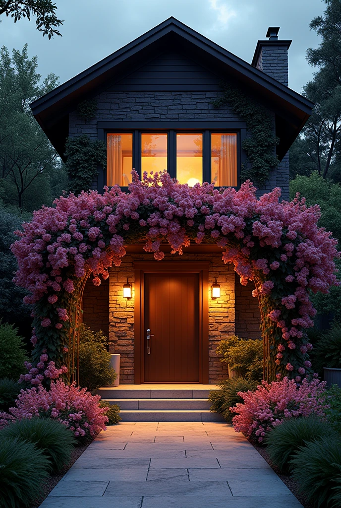 high resolution、8k、Stylish house entrance、Surrounded by flowers、night、Outdoor lighting、Many flowers bloom on the exterior walls、Very realistic、Plump、The surroundings are dark、Two-storey、