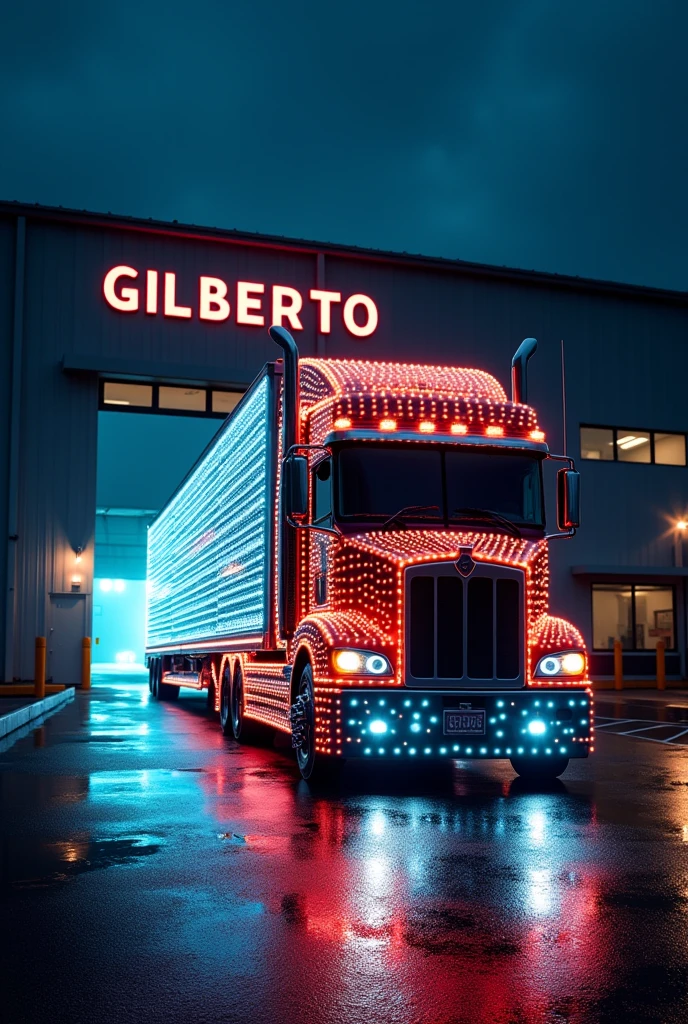 Photography in better quality, ((masterpiece))
A beautiful front trailer with many LED lights leaving a factory, The factory has the name Gilberto in big letters and the trailer too, 