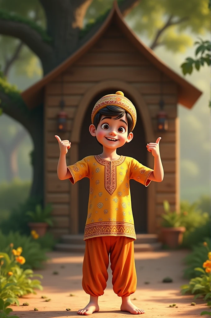 A -1 oy in Punjabi pajama and hat is pointing down with his fingers and smiling, with a tree hut behind.
