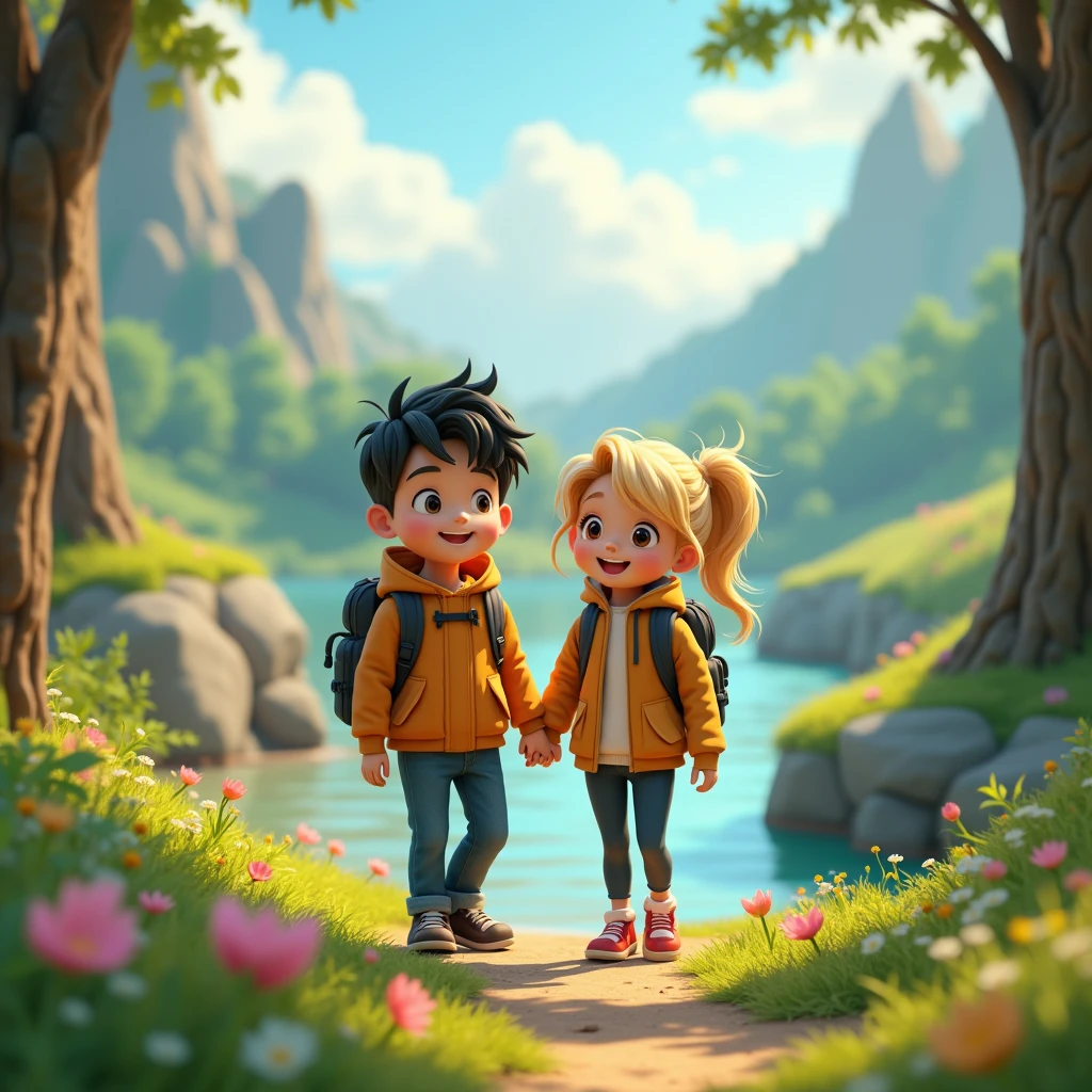 couple in outdoor, black hair male, blonde hair female, jacket and backpack, nature theme, a text written BRE & NDA, 3d cartoon, fantasy art, masterpiece, high definition, extreme detail, cinematic lighting, 4K