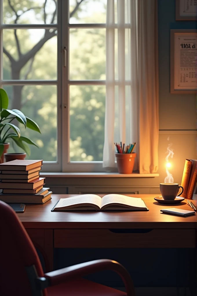 Create a serene and motivational study environment featuring a clean, organized desk with books related to SSC JE preparation, a laptop, and a cup of coffee or tea. Add a comfortable chair and a large window with a view of a peaceful outdoor scene, like a quiet park or garden. The room should have soft, warm lighting and subtle motivational elements like a calendar or inspirational quote on the wall, reflecting a focused and productive atmosphere."
