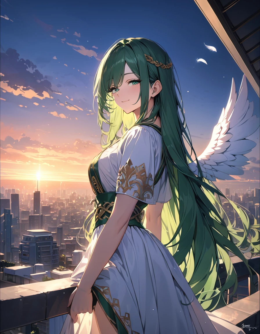 (masterpiece)、(absurdres)、(ultra detailed)、(8k),((Woman with angel wings:1.2)),Floating white feathers:1.4,(soft lighting:1.2),smiling with head tilted,cowboy shot,(Greek national costume:1.2),Hagging knees:1.1,side view:1.2,looking viewer:0.7,Rooftop of a building,sunset city,(shiny dark green hair),(dark green eyes),(straight long hair),half-closed eyes,blowing wind,