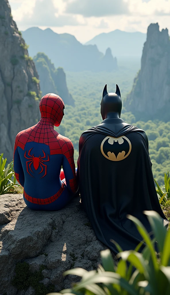 "Create a highly realistic image of Spider-Man and Batman sitting together on a mountain overlooking a dense jungle. Spider-Man should be depicted in his detailed red and blue suit with webbing, while Batman should be shown in his dark, armored suit with the bat symbol. Both should be in a relaxed yet vigilant pose, with the lush, green jungle visible below them. The background should feature a dramatic mountain landscape with detailed rock formations and a vivid sky, enhancing the scene's depth and atmosphere."