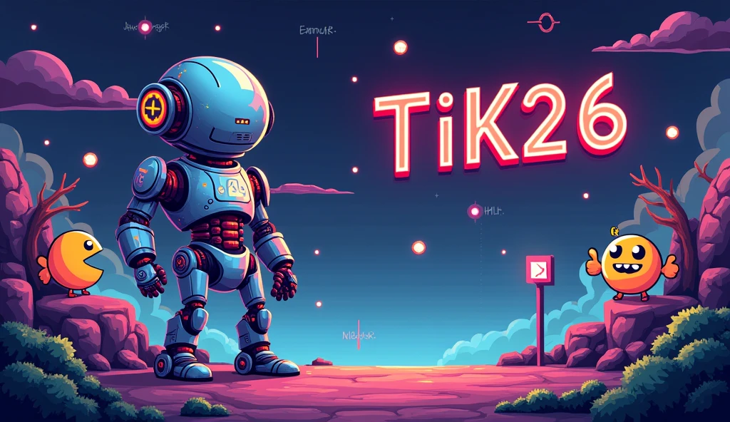  pixel background with robot, computer, ++ in pac-man’s mouth, javascript, python, html and big stlyzed text TiK26 with T and K capitalize