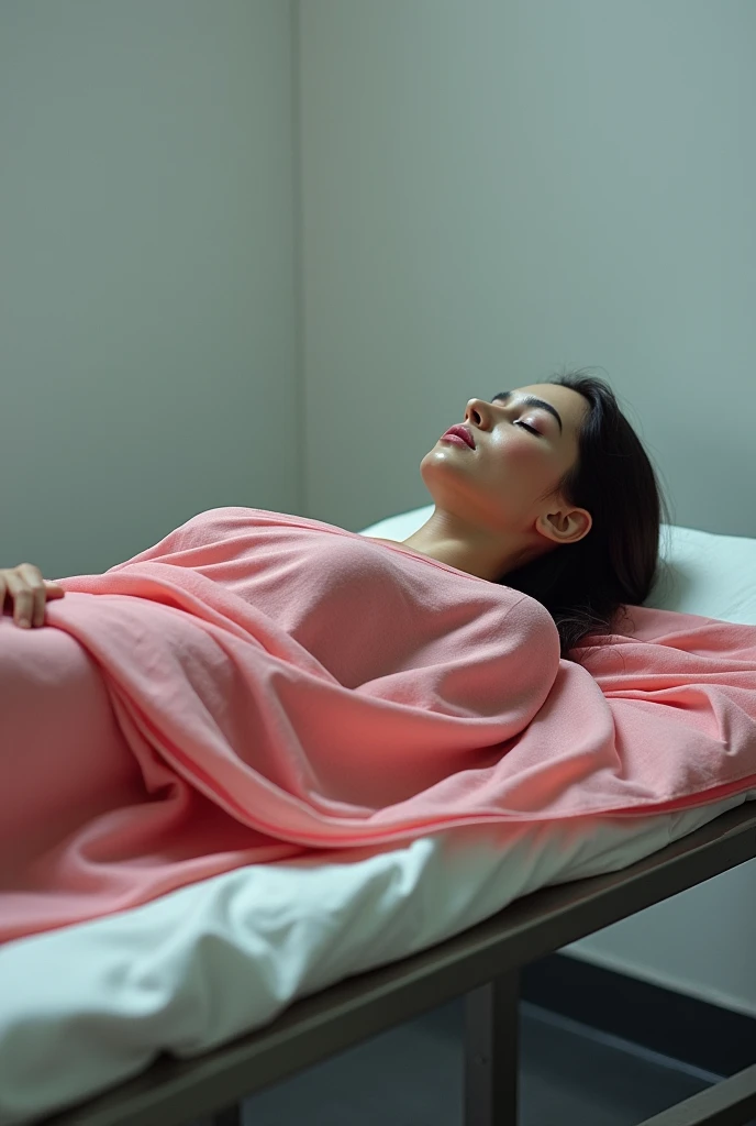 A womens dead body in a baby pink saree with red border laying in a morgue bed