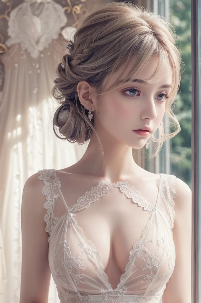 (see-through:1.4), lace chemise, NUDE, clothes nipple, Large Breasts, (((Very elegant and beautiful, Perfect detail, Very detailed))), whole body, Most detailed, Written boundary depth, 美しく詳細なwhole body, Thin legs, 30 years old, Very short hair, Spiked Hair, Gray and silver hair, Beautiful detailed hair, Perfect Face, Expressionless, Beautiful, detailed, deep eyes, Please open your mouth a little, Delicate arms and hands, Pale skin, Colorful background, HD background, Blurred Background, Very delicate and beautiful, masterpiece, (((Highest quality, Very beautiful 8K CG wallpaper))), (((Trendy hairstyles))), (Inside the room,Stylish interior,window),