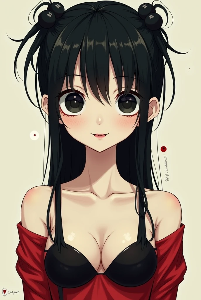 Create a white girl with glasses, slim, with long black hair tied up with a red shirt that reveals her shoulders and her black bra comes out over her shoulders and gives her black button eyes like Caroline anime version and smiles with thin red lips