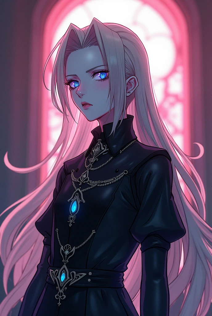 Make me an image with these characteristics for a character: 
Genre: Male
Age: 90 years (youthful appearance of a teenager).Species: vampire.Appearance: Long blonde hair reaching down to the back, transparent and slanted blue eyes, with an androgynous and thin appearance. Wear gothic dresses, typical of gothic lolita style, which are usually colors like pink and white or black and violet. Her clothes and androgynous shape allow her to camouflage herself easily..
Character: strong, spontaneous, elegant, fussy and stubborn. Despite his immortal nature, maintains a youthful attitude.
Serious anime style.
