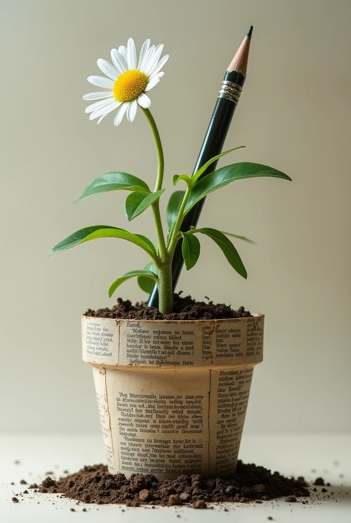 An ecological pencil made of newspaper that is buried in a flowerpot and a chamomile plant comes out of it