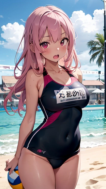 mastute piece,Best Quality,insanely detailed,8k cg,nsfw,
(shoot upper body:1.3),
(1girls:1.3),standing,looking at viewr,body in front,both arms behind back,(school swimsuit),
break,
blush,shy,(trembling:1.2),(Pink Hair:1.4),
break,
perfect breasts,perfect teats,(open mouth:0.9),(large breasts:1.2),
Sandy Beach,