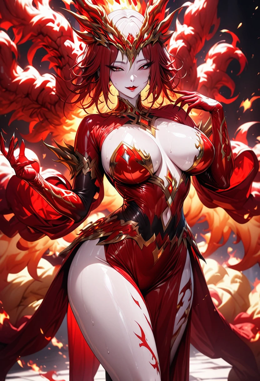 ung beautiful woman,(Highest quality,Extremely detailed depiction,Incredibly absurd high resolution,Anatomically accurate depiction,Curvy Legs),(Shiny skin,Porcelain-like skin),(Phoenix-themed monster:1.5,A member of an evil organization,Clothed in flames),eyelash,Sweat,(Red Eyes,Vertically drawn pupils,Large Breasts,A captivating smile,Glossy red lips,Flashy makeup,Seductive gestures,Half-closed eyes:1.3),whole body,A shadowed expression,flame costume