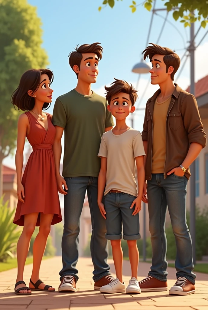 (character 1) MOM average height, short brown hair, wearing dress and sandals. (character 2) 2 men 30 years old, high,short brown hair, wearing jeans and sneakers. (character 3) 20 year old man, high cabello castaño, wearing shorts and white sneakers. (character 4) girl with long braids,light brown hair wearing a dress, all together LOOKING FORWARD pixar style