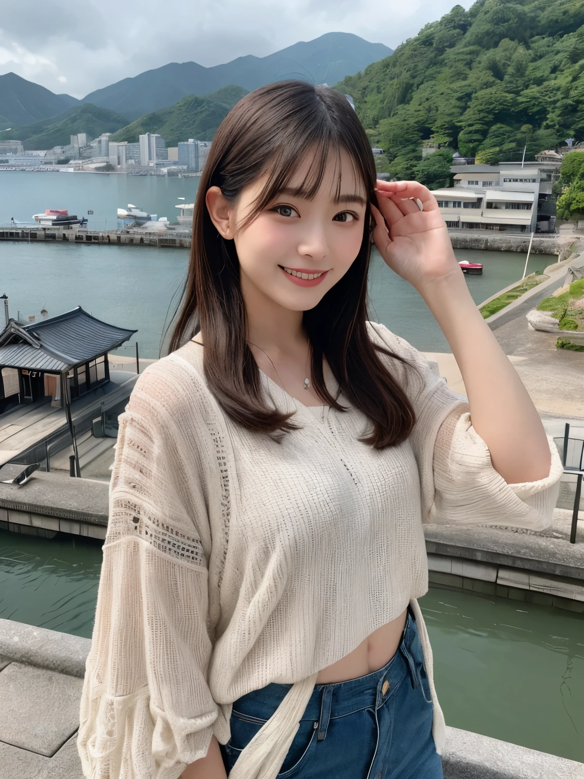 1girl, solo, highres, best_quality, masterpiece, detailed_background, intricate_details, beautiful, hiroshima, onomichi, senkoji_temple, hillside_view,modern casual fashional clothes, smile, looking_at_viewer, dynamic_pose, natural_pose, candid, happy
