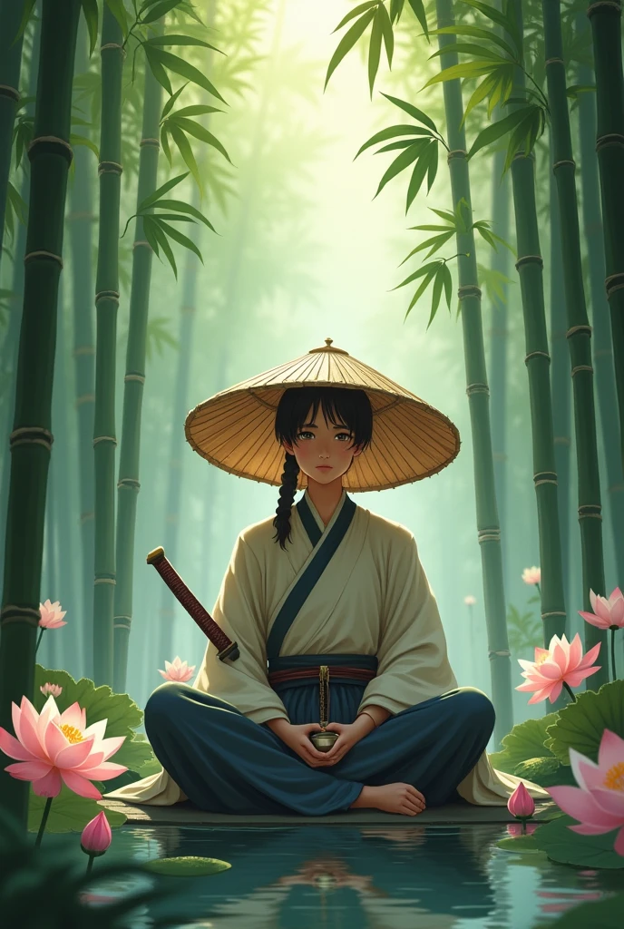 Young Swordsman 16_18 bamboo hat hiding face, sword in sheath, long oriental clothing, bamboo forest, with lotus flowers opening, drlight smile, with a river below. In pose drinking tea (best qualityer, high resolution, 真实感).