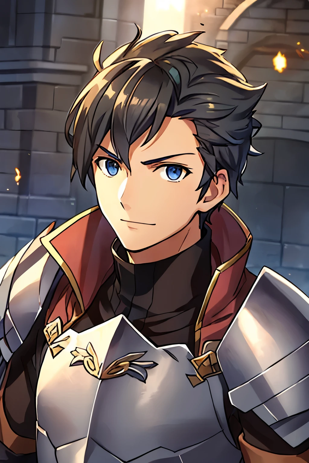 (high-quality, breathtaking),(expressive eyes, perfect face) 1male, boy, solo, portrait, Fire Emblem Awakening, Symmetrical Eyes, grey background, dark Brown hair color, short hair length, messy wavy hair, upper body, dark brown eyes, detailed eyes, masculine face, positive expression, charming smiling, Fredrick (Fire Emblem: Awakening), brown and grey armor, weapon, breastplate, polearm, gauntlets, shoulder armor, pauldrons, upper body, messy shaggy hair, Fire Emblem Portrait, no hair forehead, hair covering one eye
