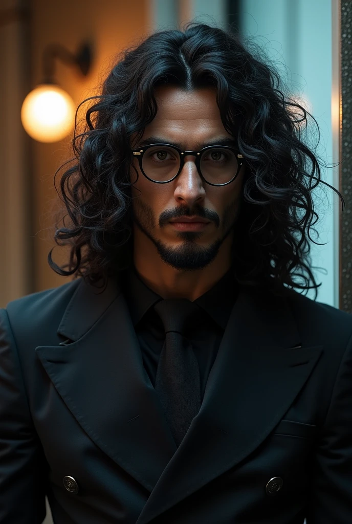 *character with long curly hair almost covering his face wearing round glasses and very handsome wearing the brahman gang uniform*