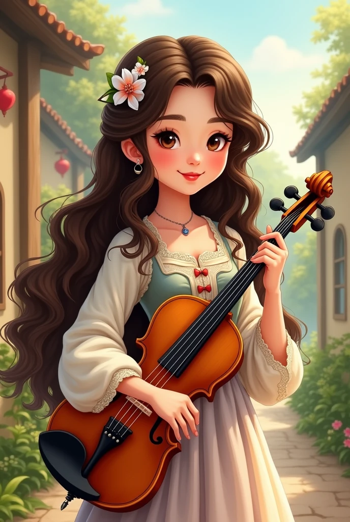 Asian women, with long brown  curly hair, wearing an old dress and carrying a wooden fedle in cartoon style

