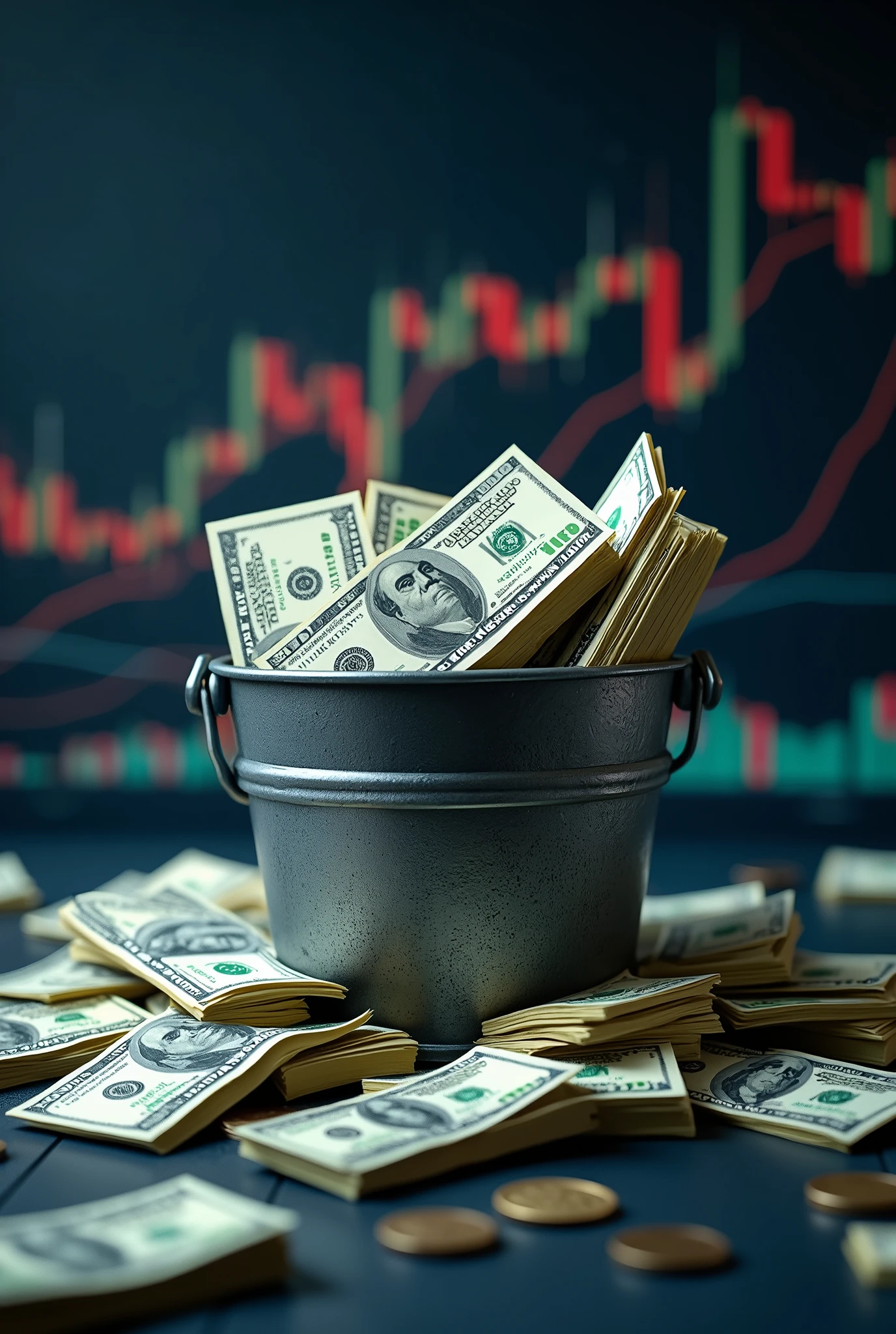 "Create an image depicting the concept of financial growth with a bucket made of dollar bills growing from a stock chart. Include upward-trending lines and graphs, symbolizing successful investments and wealth accumulation."