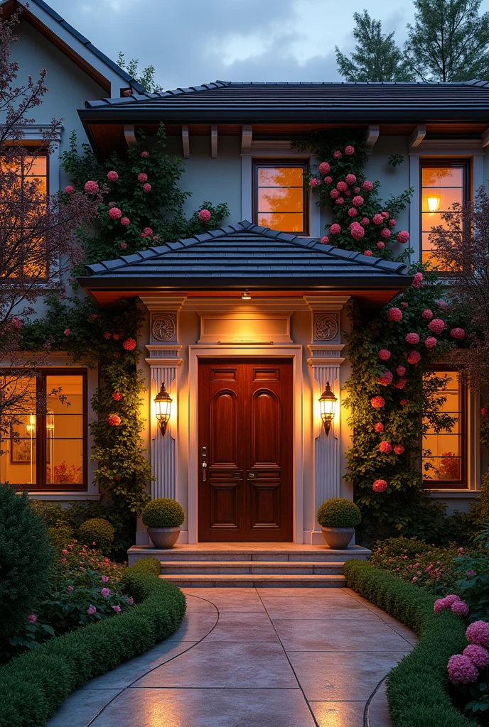 high resolution、8k、Stylish house entrance、Surrounded by flowers、night、Outdoor lighting、Many flowers bloom on the exterior walls、Very realistic、Plump、