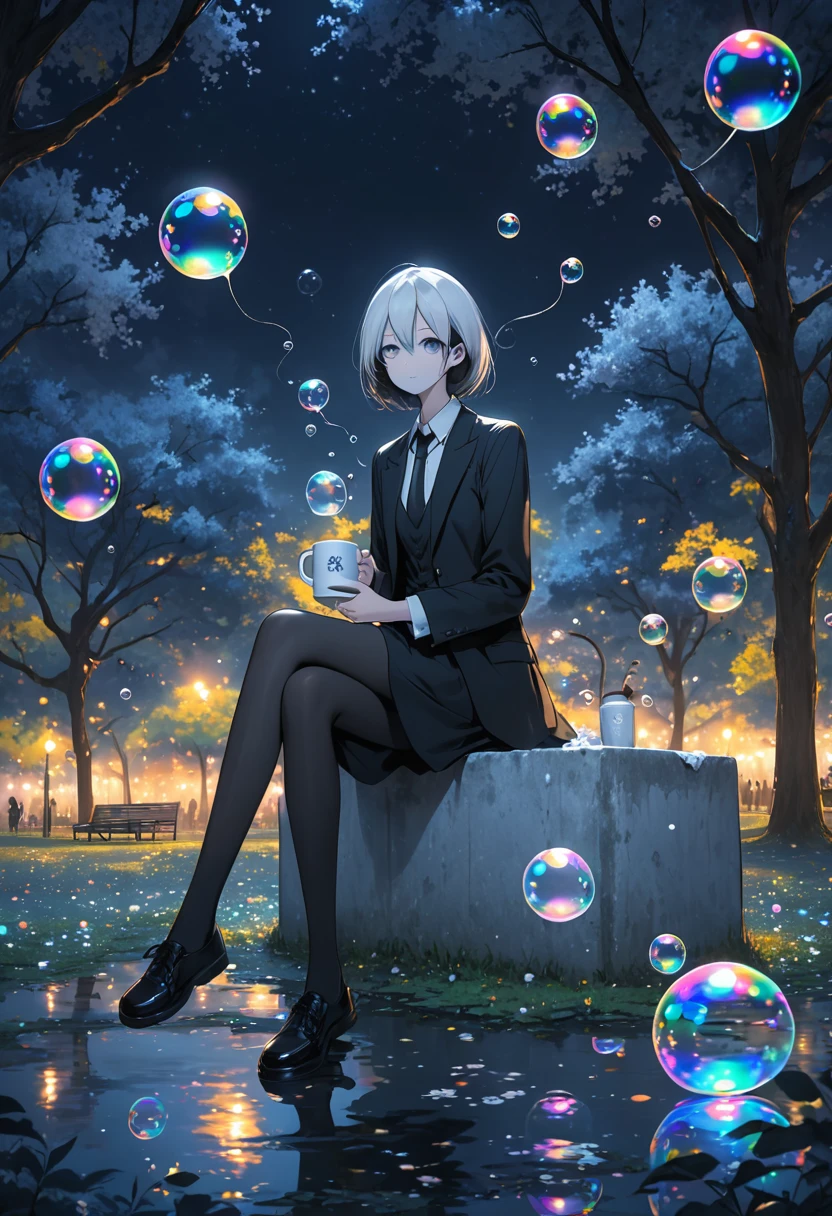 A slender man sitting cross-legged、Under a lot of soap bubbles、Hold a mug in one hand、Background is a park at night