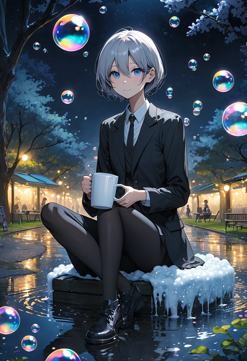 A slender man sitting cross-legged、Under a lot of soap bubbles、Hold a mug in one hand、Background is a park at night
