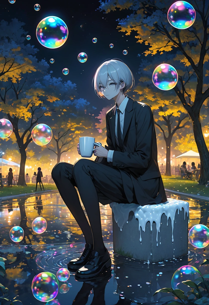 A slender man sitting cross-legged、Under a lot of soap bubbles、Hold a mug in one hand、Background is a park at night