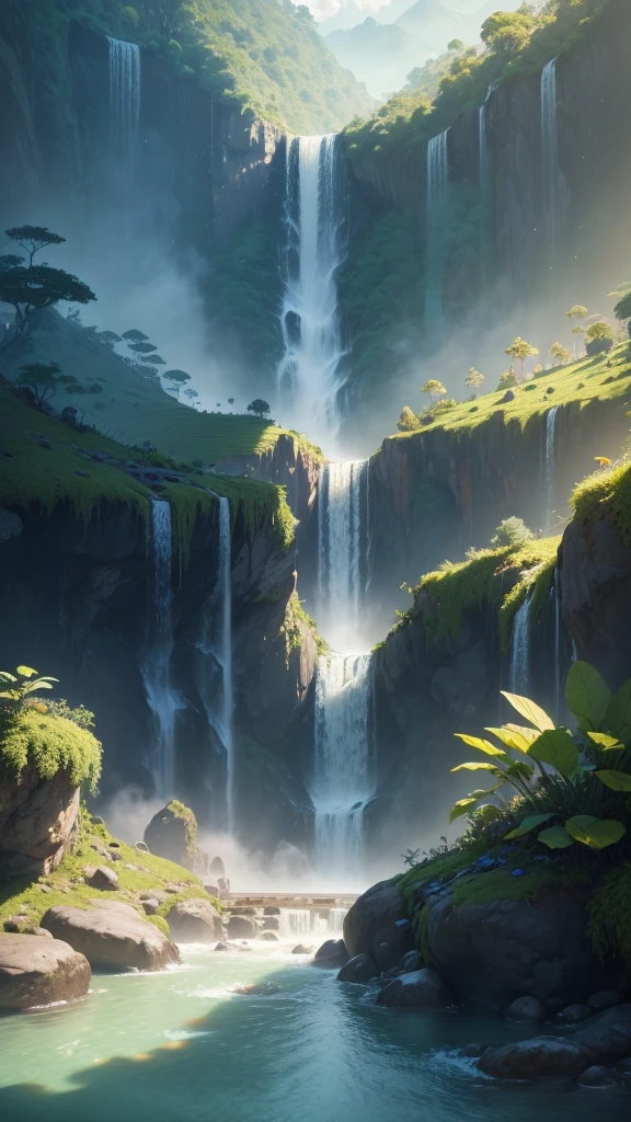 Masterpiece, best quality, (extremely detailed CG unity 8k wallpapers), (best quality), (best illustrations), (best shadows), land suspended in the air with vines on the base , with tropical rainforest on both sides, with waterfalls falling from above, isometric 3D, octane rendering, ray tracing, super detailed