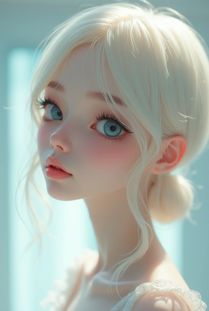 He is a man of delicate and feminine beauty, with an oval face with translucent and soft skin, slightly pinkish. Her thin, pink lips complement her sweet and gentle expression.. She has large blue-gray eyes and long, curved eyelashes that enhance her luminous gaze.. Her platinum blonde hair is straight and silky., hairstyle in a cute wolf cut. With a slim figure of 1.72 meters and 60 kg, moves with grace and elegance, highlighting its delicate and harmonious nature.