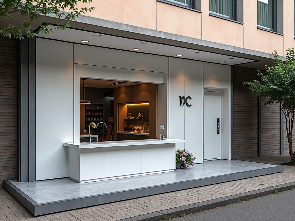 Add platform in front of this Shop made of Steel Angle and paved path In front of shop and Renovated shop elevation with Composite Panels