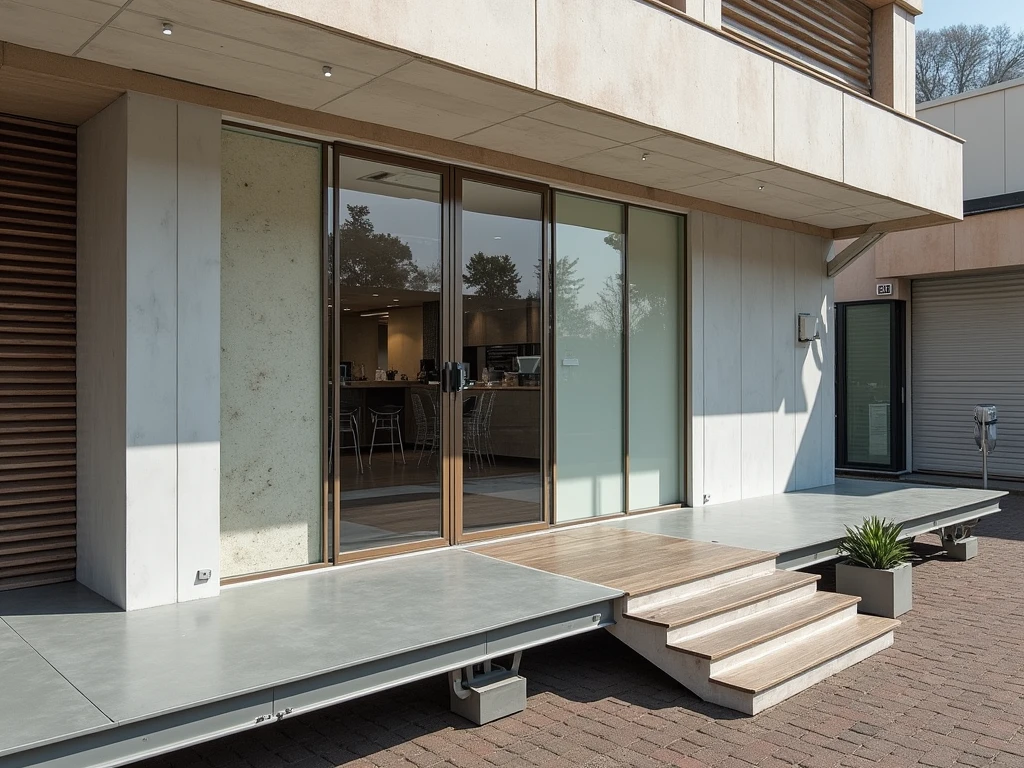 Add platform in front of this Shop made of Steel Angle and paved path In front of shop and Renovated shop elevation with Composite Panels