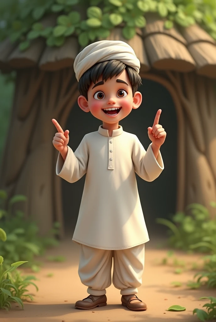 A 15-1 boy wearing a white colored Punjabi prayer pajama and hat is pointing down with his fingers and smiling, with a tree hut in the background.