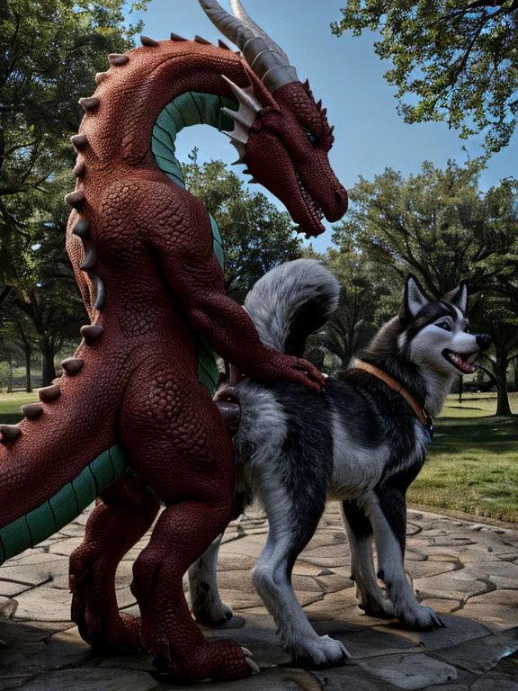 side view , duo, feral dragon, puffy anus, hyper canine penis, peeing, watersports, ((((standing, hands on husky butt, doggystyle, husky on dragon, feral, anal)))), looking back at viewer, blue eyes, open mouth, tongue out, brown collar, outside, city park, noon, rim lighting,