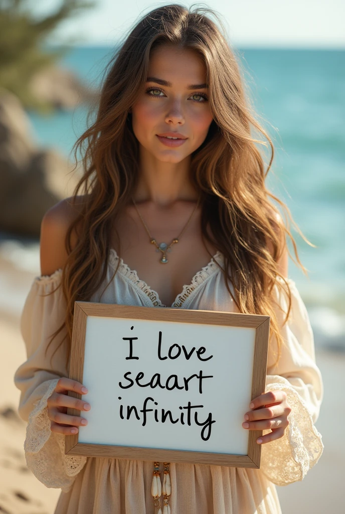 Beautiful girl with wavy long hair, bohemian dress, holding a white board with text "I Love Seaart Infinity" and showing it to the viewer