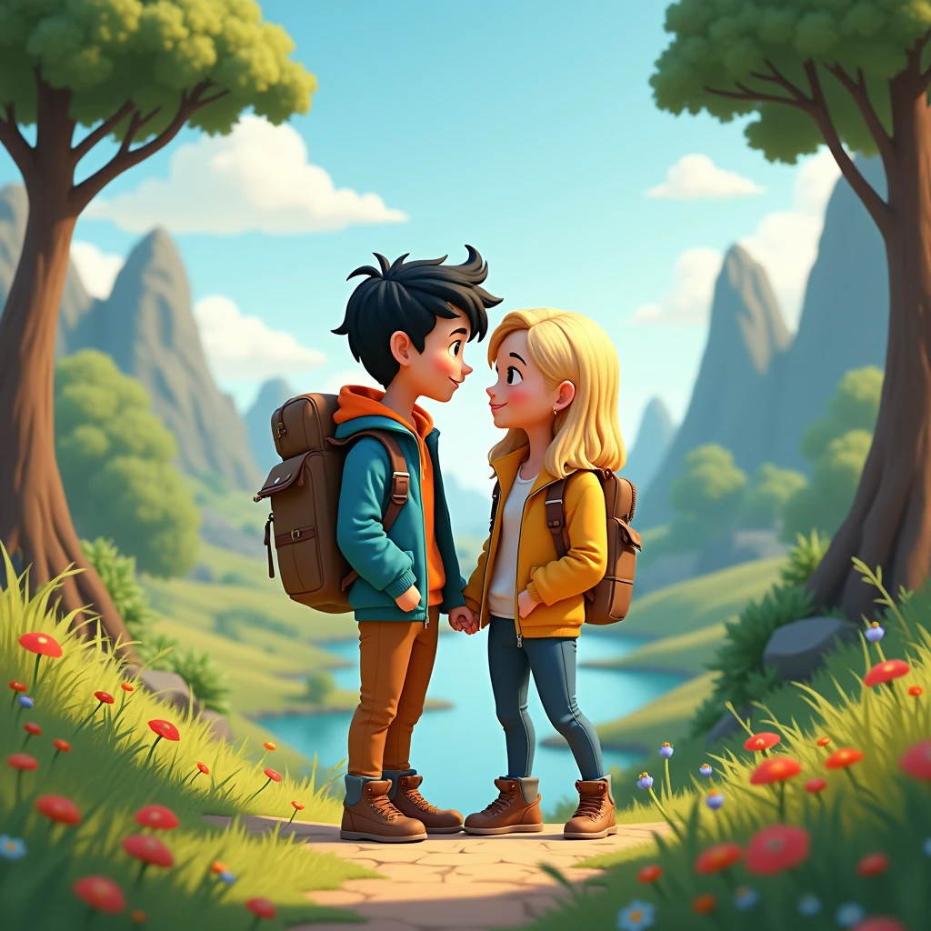 couple in outdoor, black hair male, blonde hair female, jacket and backpack, nature theme, a text written BRE & NDA, 3d cartoon, fantasy art, masterpiece, high definition, extreme detail, cinematic lighting, 4K