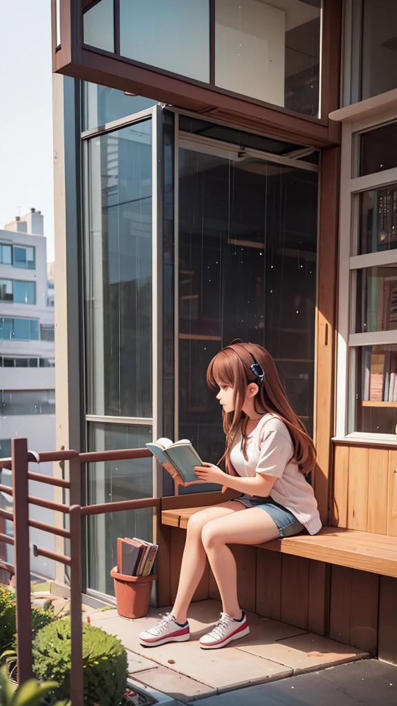 Make a picture of a beautiful girl in her 20s, casual, wearing earphones, sitting on a chair next to the window, reading a book, on the 2nd floor, in an urban environment. Outside the house it is raining heavily. Side view