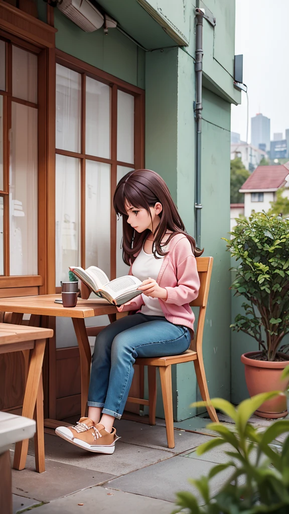 Make a picture of a beautiful girl in her 20s, casual, wearing earphones, sitting on a chair next to the window, reading a book, on the 2nd floor, in an urban environment. Outside the house it is raining heavily. Side view