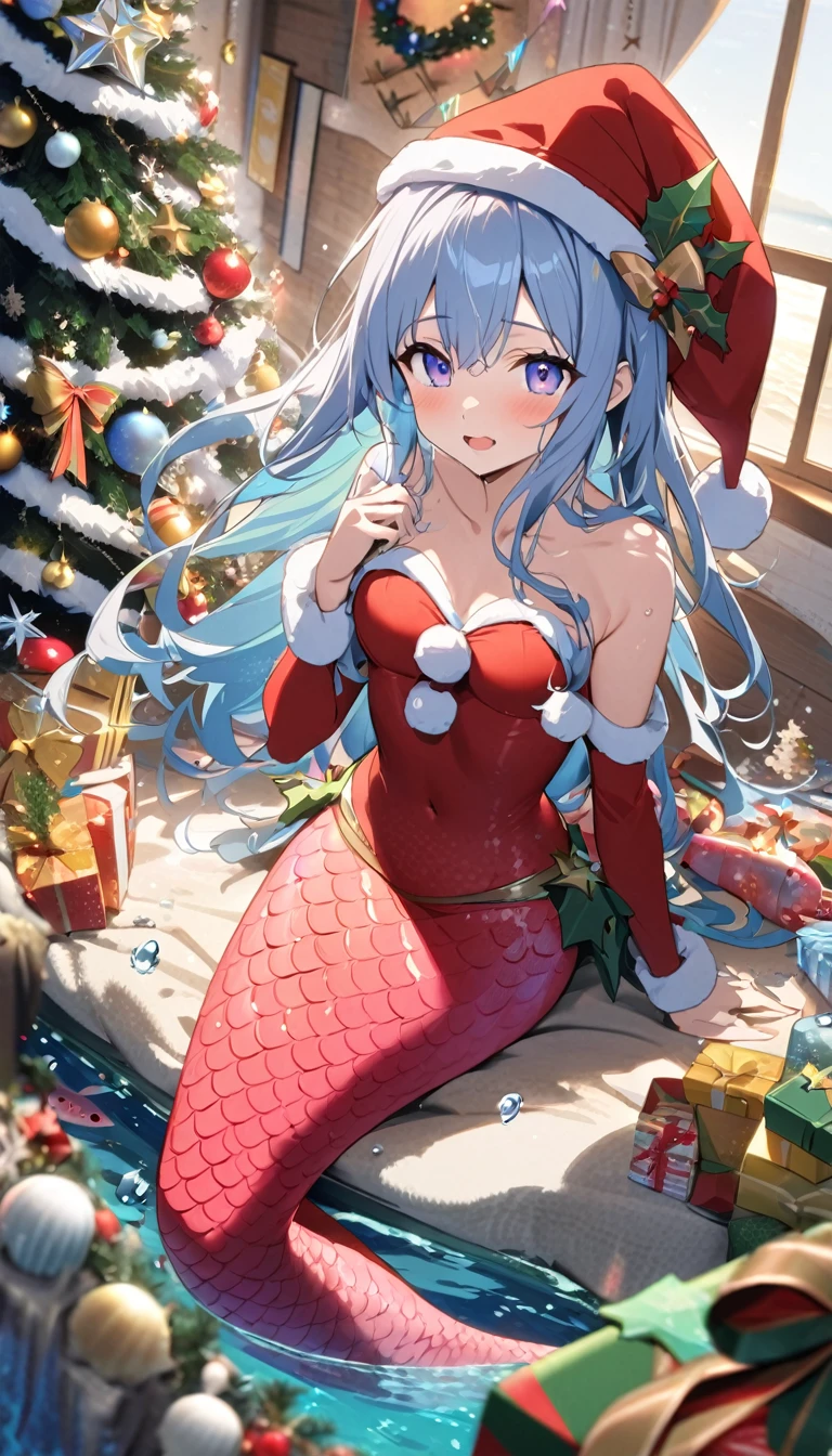 (seabed)、(Sea:1.3)、Colorful tropical fish swimming、white coral reef、Bright colors、Masterpiece、anime、Cute atmosphere、Mermaid wearing a Santa hat、Christmas tree、Bright colors鉛筆、blister、