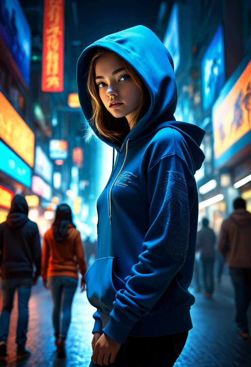 A girl in hitech I.T room starring at the monitor where an image of a young man wearing hoodie walking in a busy street emerge from it, iconic stance, dramatic shadows, dramatic lights, interlacing elements, front view, fantasy art, two tones, digital manipulated photo art, hyper-realistic, ultra-detailed, crisp clarity, high-contrast, luminous ambiance, rich textures, intricate patterns, vivid colors, cinematic lighting, photo realistic, accurate anatomical proportions, cinematic blurry background. 