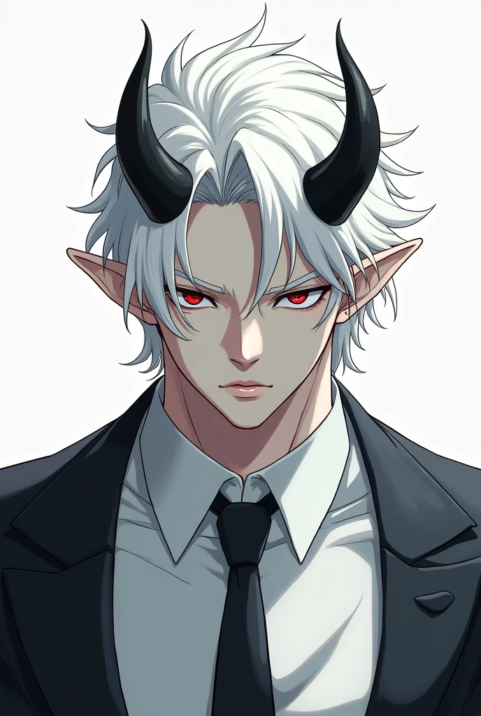 Strong man very pale skin white albino hair small black horns dress shirt with tie very serious face, All anime style