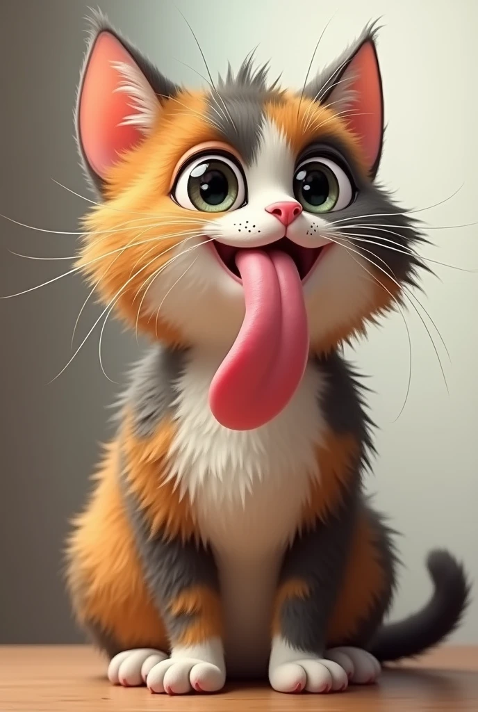 A furry cat showing his long tongue