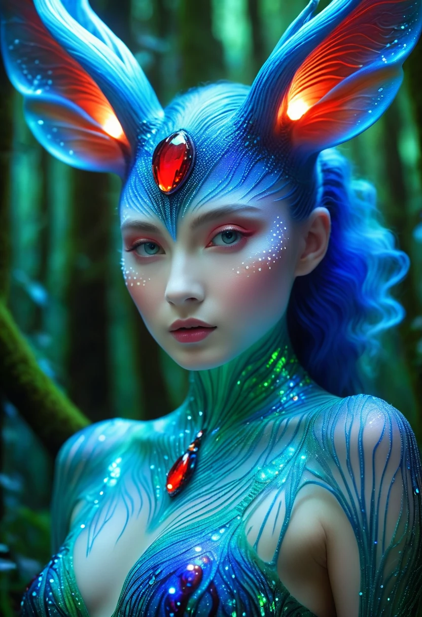 Beautiful mythical creatures of the forest,Skin feels silky smooth,It has a delicate pattern of spots and stripes,As if shining in the night, 8K, Colored lights, vivid, Extremely detailed, Surreal photography ,blue,Red,green,blue
