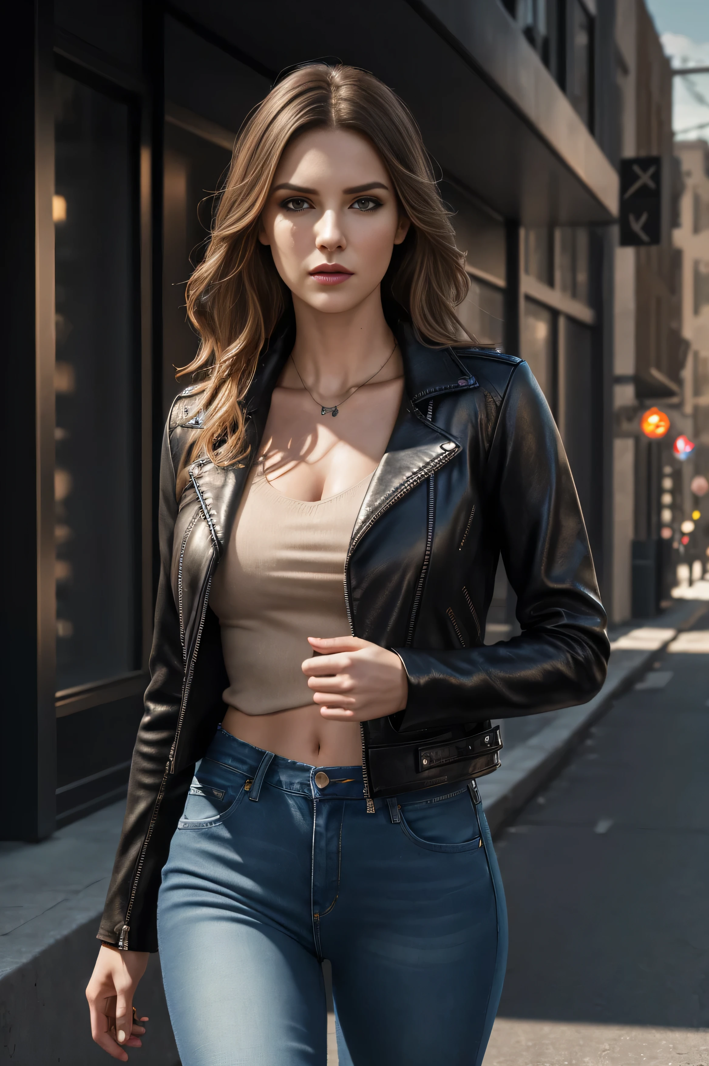 design, interrior, interriordesign Masterpiece, best quality, (highly detailed raw photo:1.2), 8k render in octane, volumetric lighting, volumetric shadows portrait of a woman, (pasionate look), jeans, leather jacket, pullover, walking in city