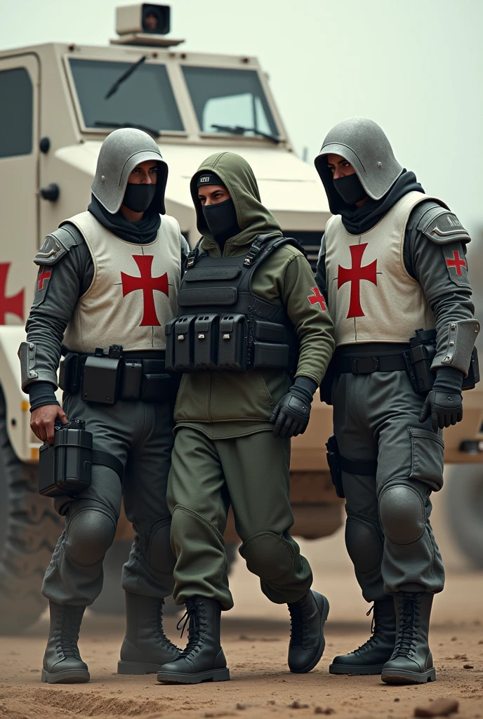modern armed soldiers ,with white bulletproof vest with a red Templar cross painting, with templar hood , military boot a civil war white military armored vehicle with a red Templar cross arresting a civilian insurgent 