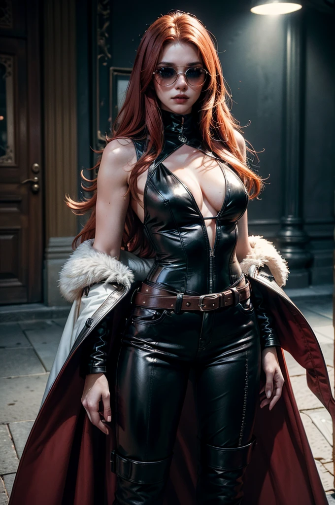 [cowboy shot], a beautiful young woman with long red hair, detailed facial features, wearing high quality black leather pants, a formal white sleeveless top with cleavage, a white fur coat on her shoulders, red shaded sunglasses, surrounded by excited fangirls, (best quality,4k,8k,highres,masterpiece:1.2),ultra-detailed,(realistic,photorealistic,photo-realistic:1.37),high fashion,editorial,dramatic lighting,cinematic,vivid colors,intricate details