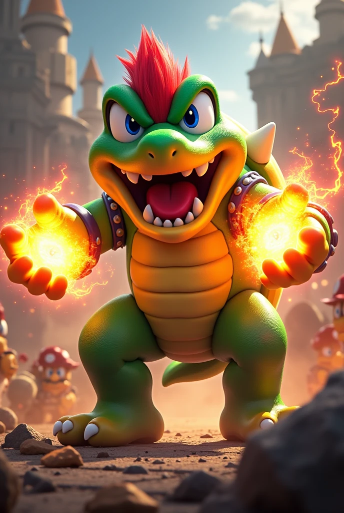 Mario Bros dressed in a frog suit with power in his hands with anger in his eyes and desire for revenge, against bowser and many minions saving princess peach