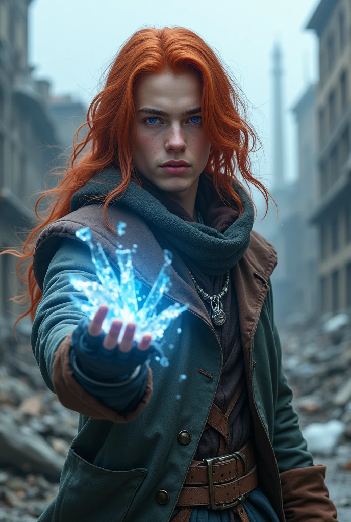image ultra realistic; young man between 2, Red-Haired, long hair, offwhite, violet eyes, warm clothing, and using ice powers, post apocalyptic background scenario