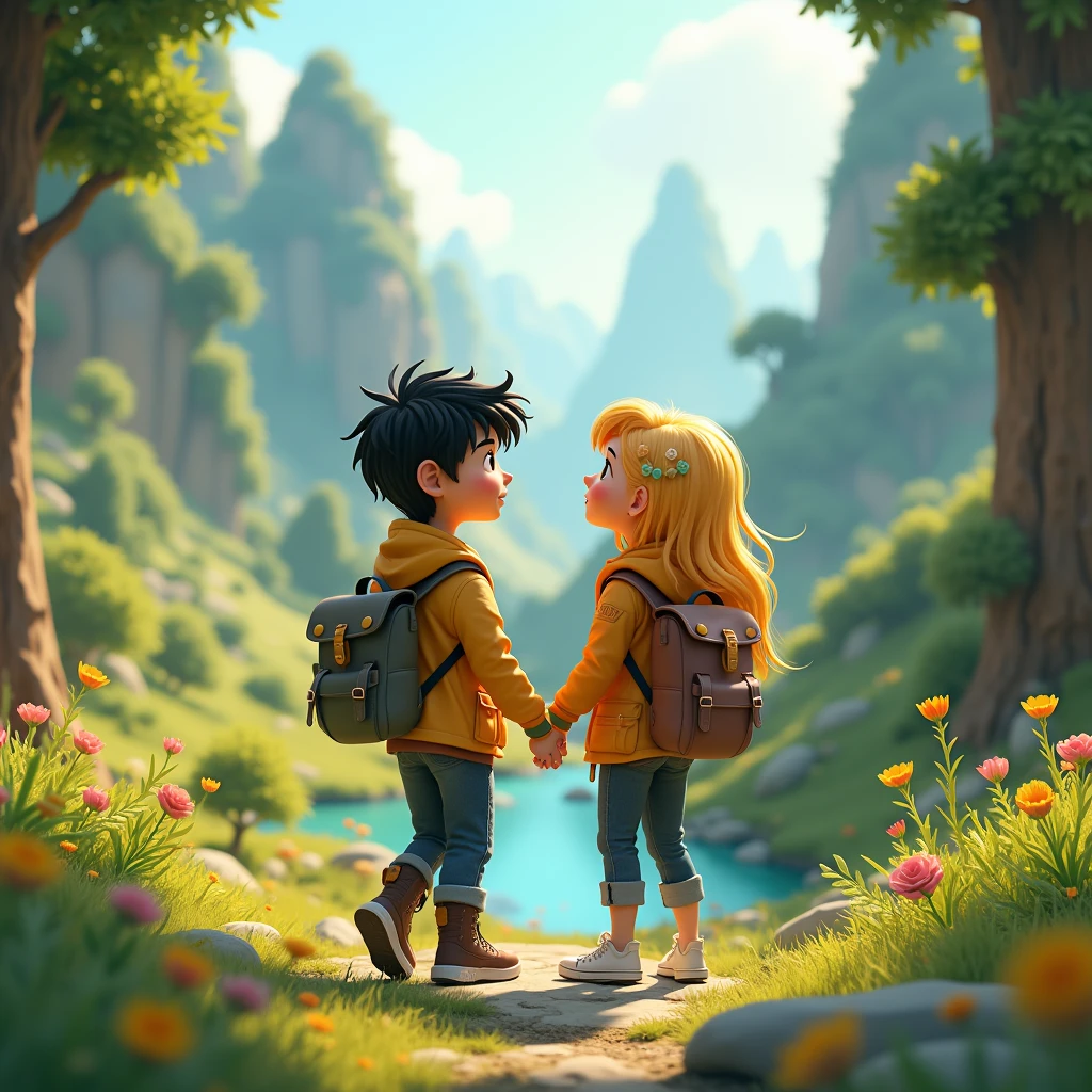 couple in outdoor, black hair male, blonde hair female, jacket and backpack, nature theme, a text written BRE & NDA, 3d cartoon, fantasy art, masterpiece, high definition, extreme detail, cinematic lighting, 4K