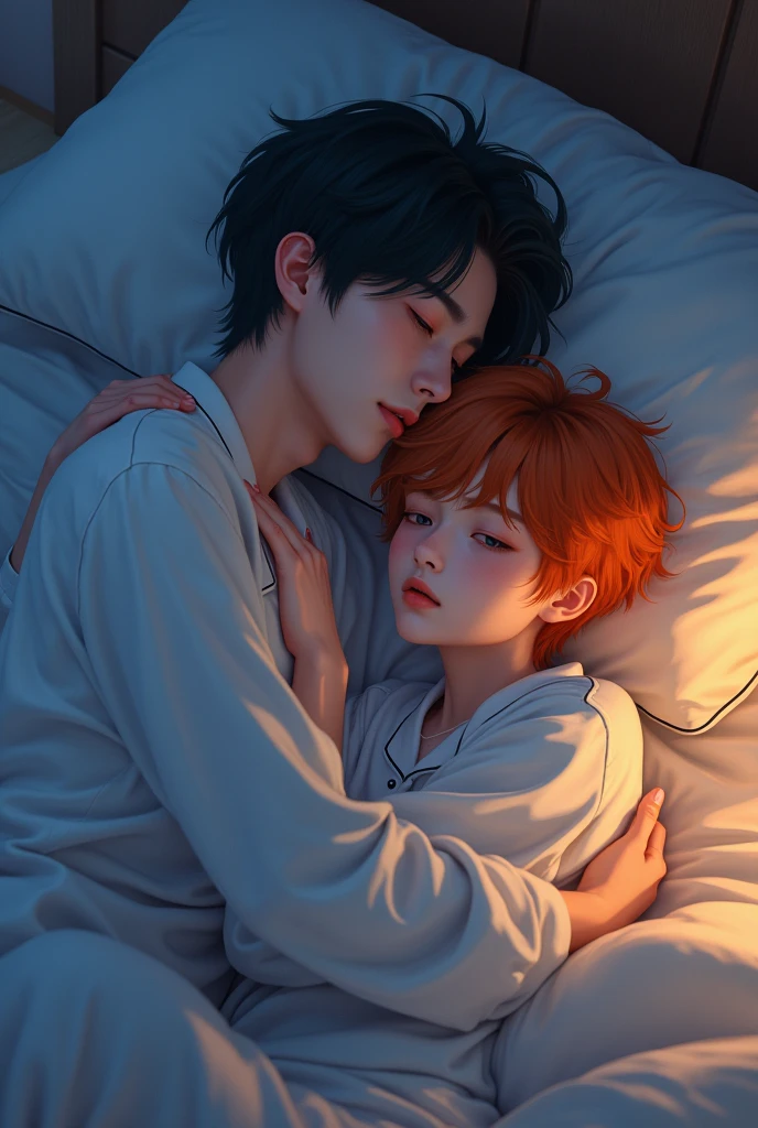 Yeonjun is nineteen years old, with his deep orange hair, sports a pure look and an angelic face. He wears comfortable pajamas and a white shirt that highlights his figure. In his arms, Christopher hugs him tightly. Christopher is twenty years old. Christopher's ink-black hair contrasts with the softness of his white shirt. while the wind whispers a melody of love. Yeonjun feels comforted in boyfriend's chest, his heart finding peace as they rest on the bed, embraced by the silence of the night. Yeonjun is 1 and Christopher is 20 years old, both are male. They are both ADULTS, lying on the bed.