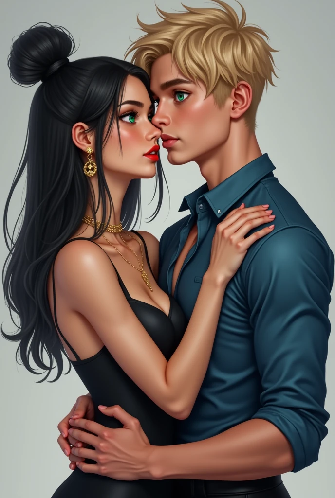 Raise a beautiful young adult,greeneyes,very straight black hair tied up in a bun ,red lipstick highlighted nose, lifelike face,wearing gold earring and chain kissing a young adult boy blond short straight hair,greeneyes,stark ,athletic body ,tall white,wearing a handsome, muscular young man, extreme detailed face, beautiful detailed eyes, looking at the spectators romantically, sapphire blue shirt, black pants, dress shirt and pants, sexy look, short blonde hair ,soft skin,